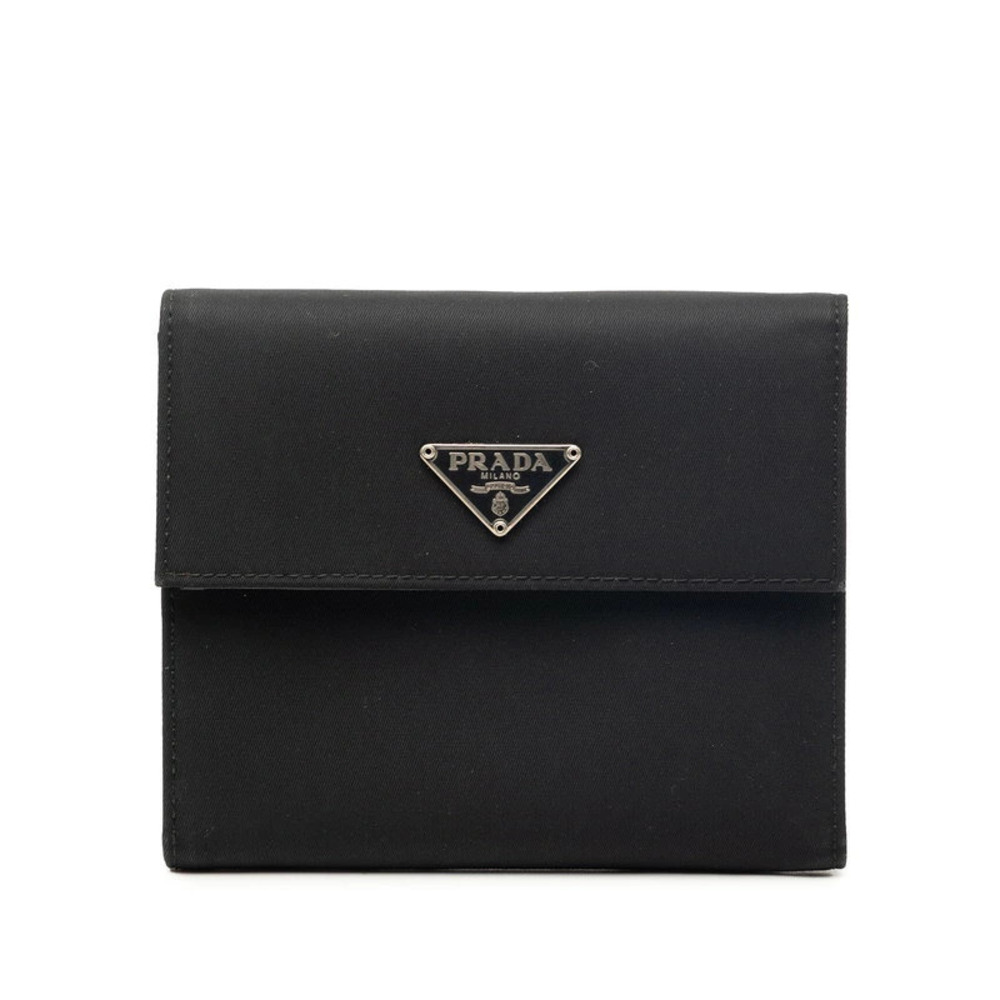 Prada Tri fold Wallet Triangle Plate Nero Black Leather